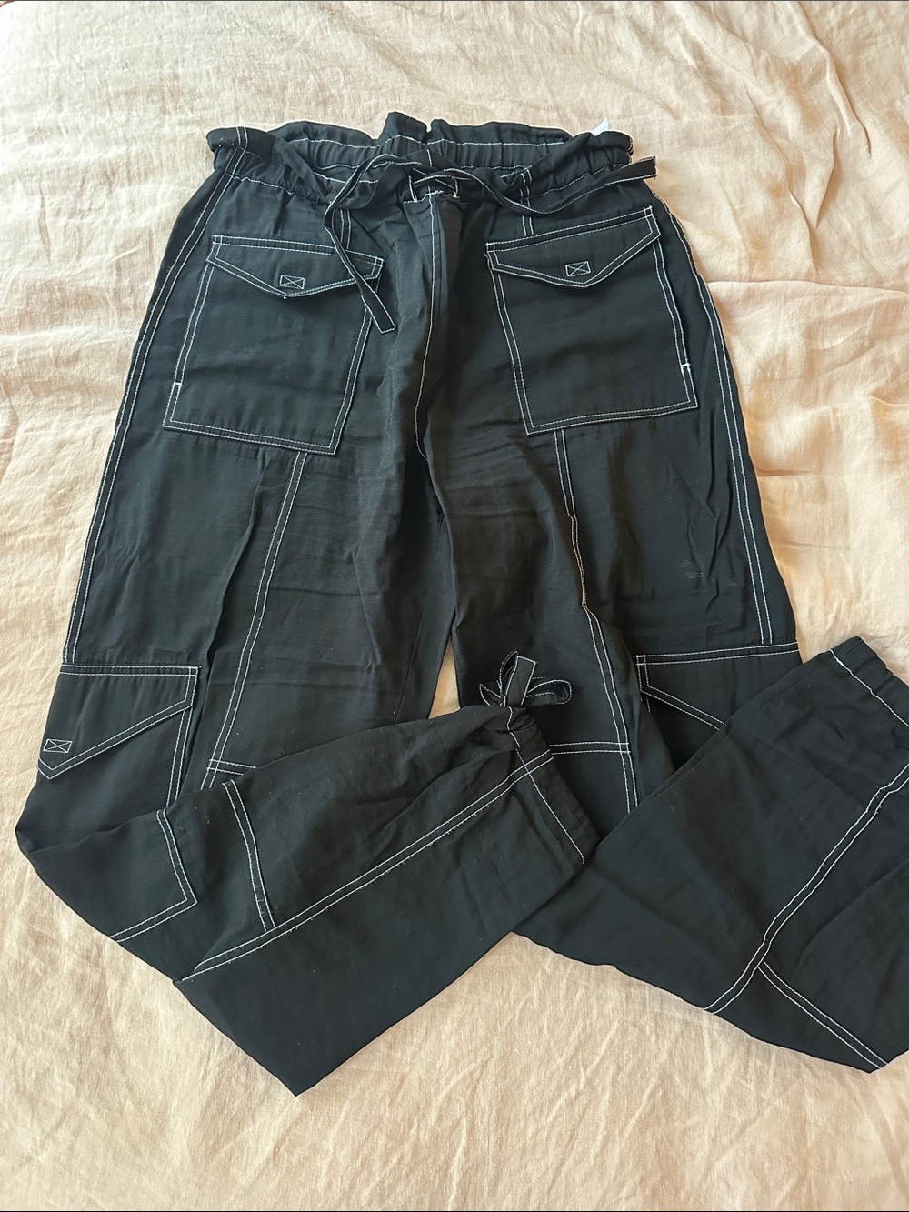 Ganni Black Cargo Pants with White Contrast Stitching